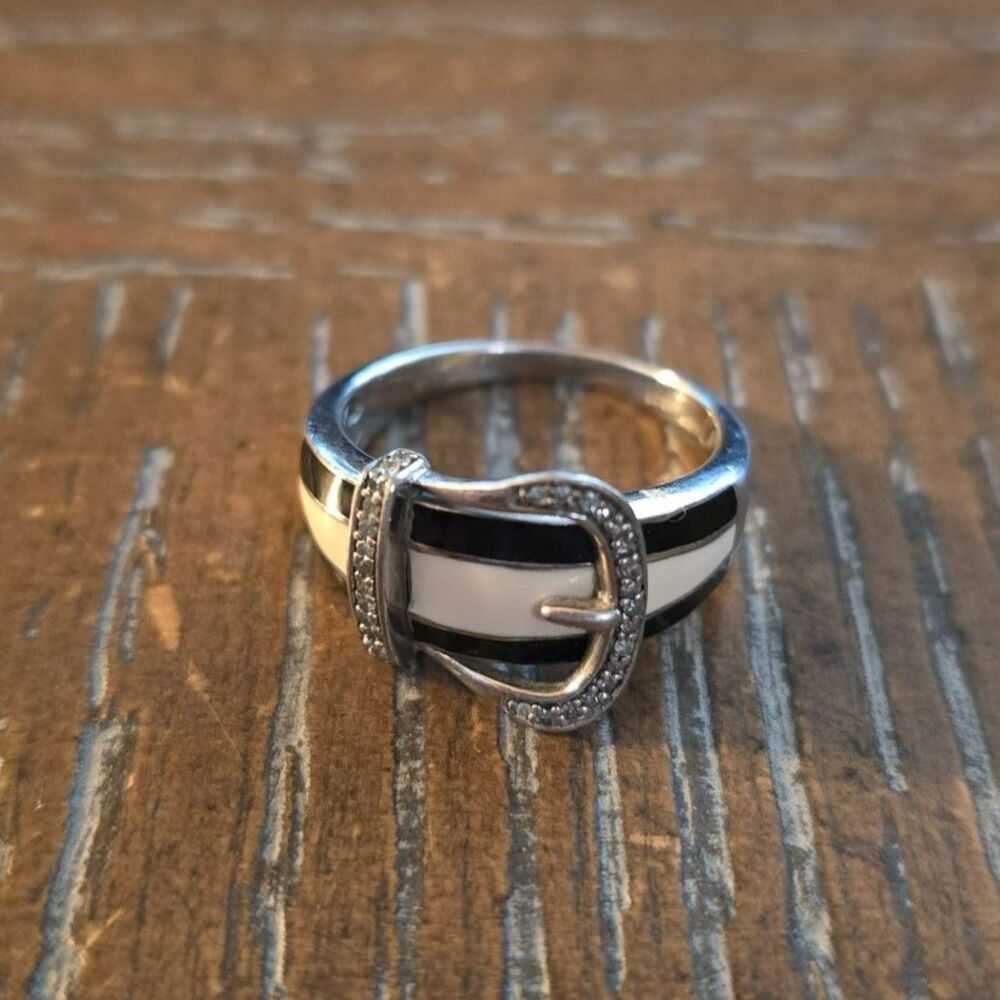 925 Sterling Silver and Diamond Black and White Buckle Ring Sz 8.25
